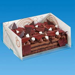 caja de pastelería con cierre de bisagra y estructura de cartón blanca