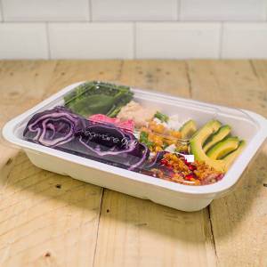 tapadera de pla vegetal transparente 100% compostable con alimentos