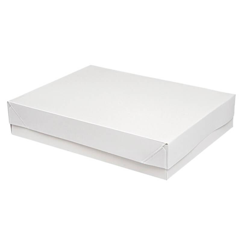caja con base desplegable y tapadera independiente para presentación de pastelería en blanco