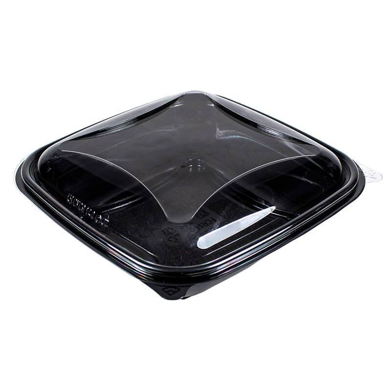 ensaladera de plástico cuadrada negra con tapadera transparente e independiente de 500cc para ensaladas frias